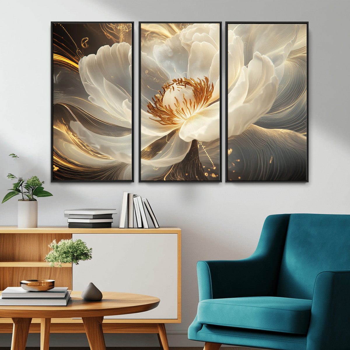 Gold Floral Wall Art Canvas Print, Framed Modern Flower Art