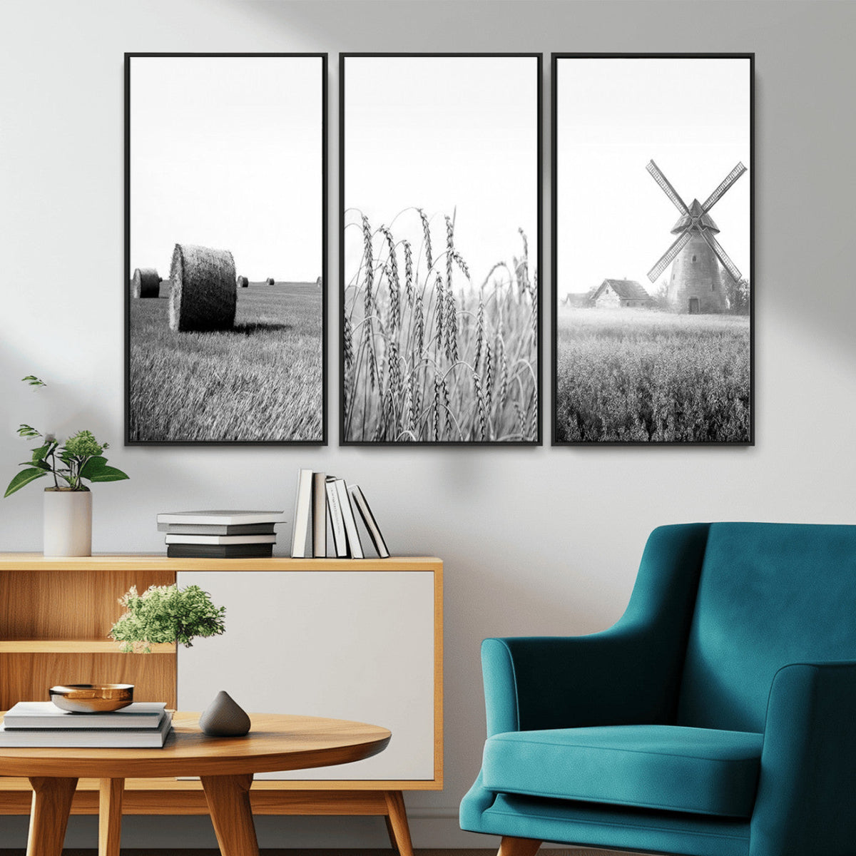 Vintage Farmhouse Black and White Triptych Wall Art – Giclee