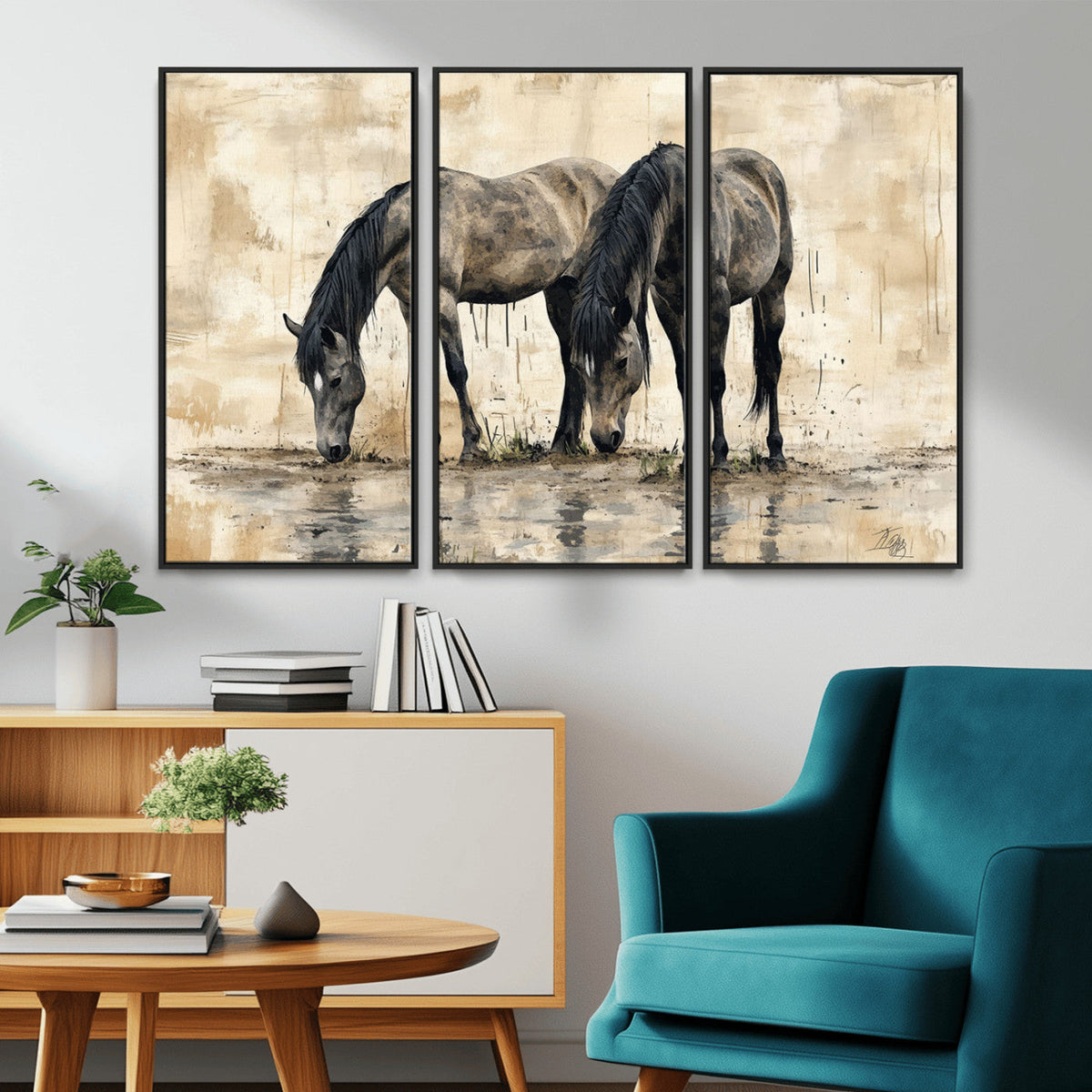 Chinese Style Abstract Black Horses Wall Art Canvas Print -