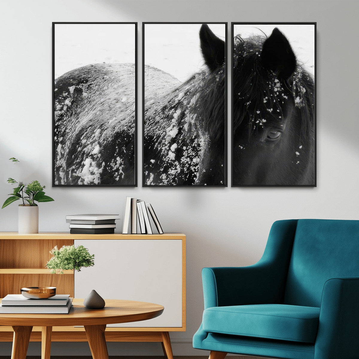 Black Horse in Snow Canvas Print | Winter Horse Wall Art |