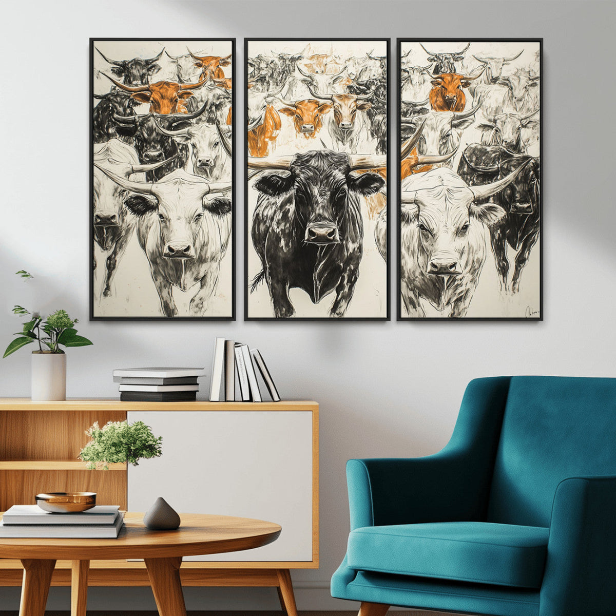 Farmhouse Wall Art | Western Longhorn Cattle Canvas Print |