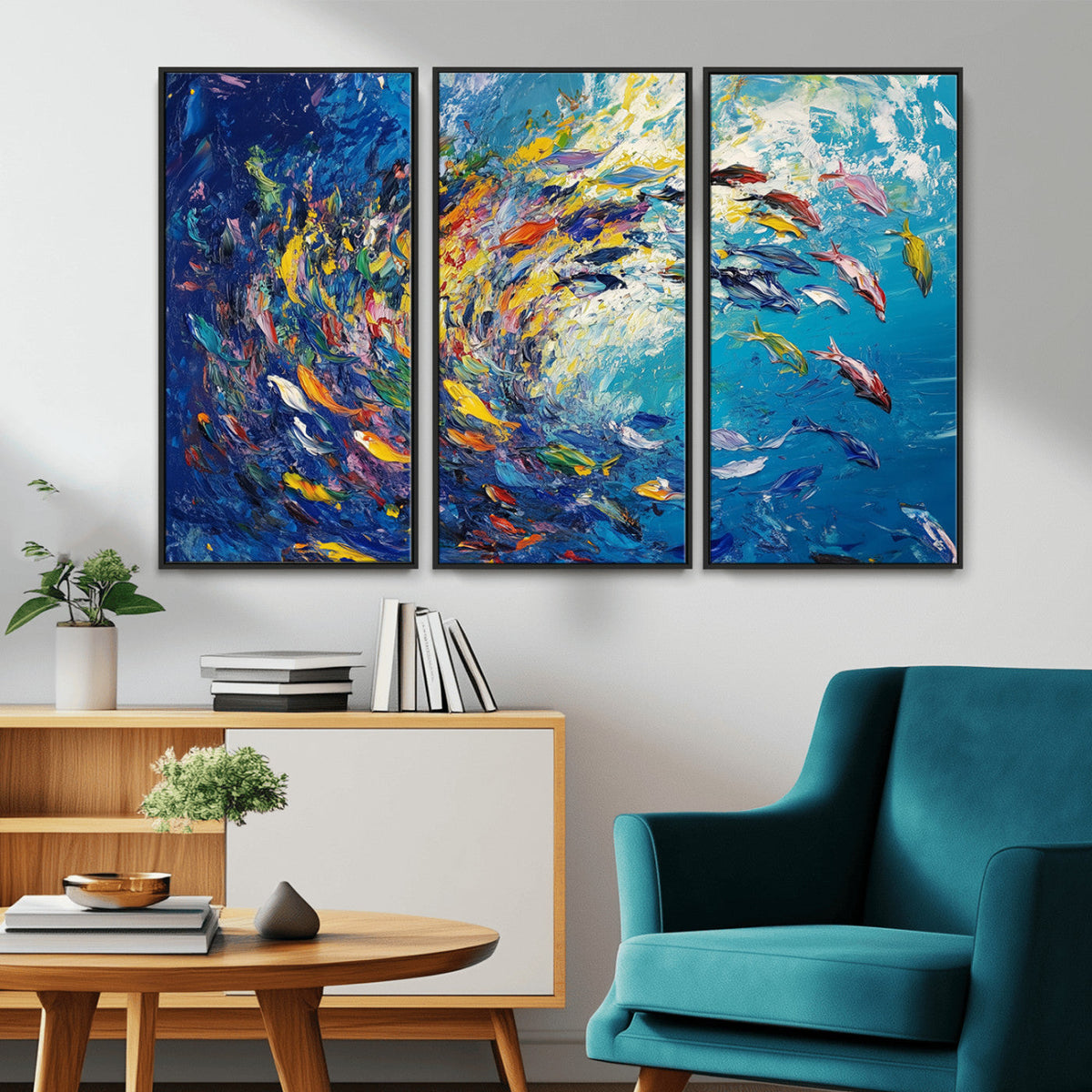 Colorful Swirling Fish School Wall Art Canvas Print |