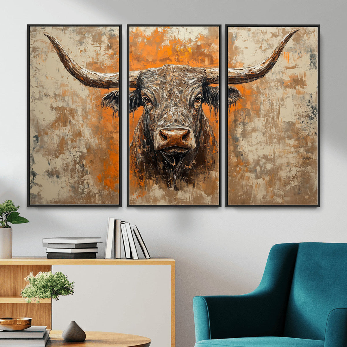 Abstract Cow Longhorn Bull Wall Art Canvas Print - Rustic