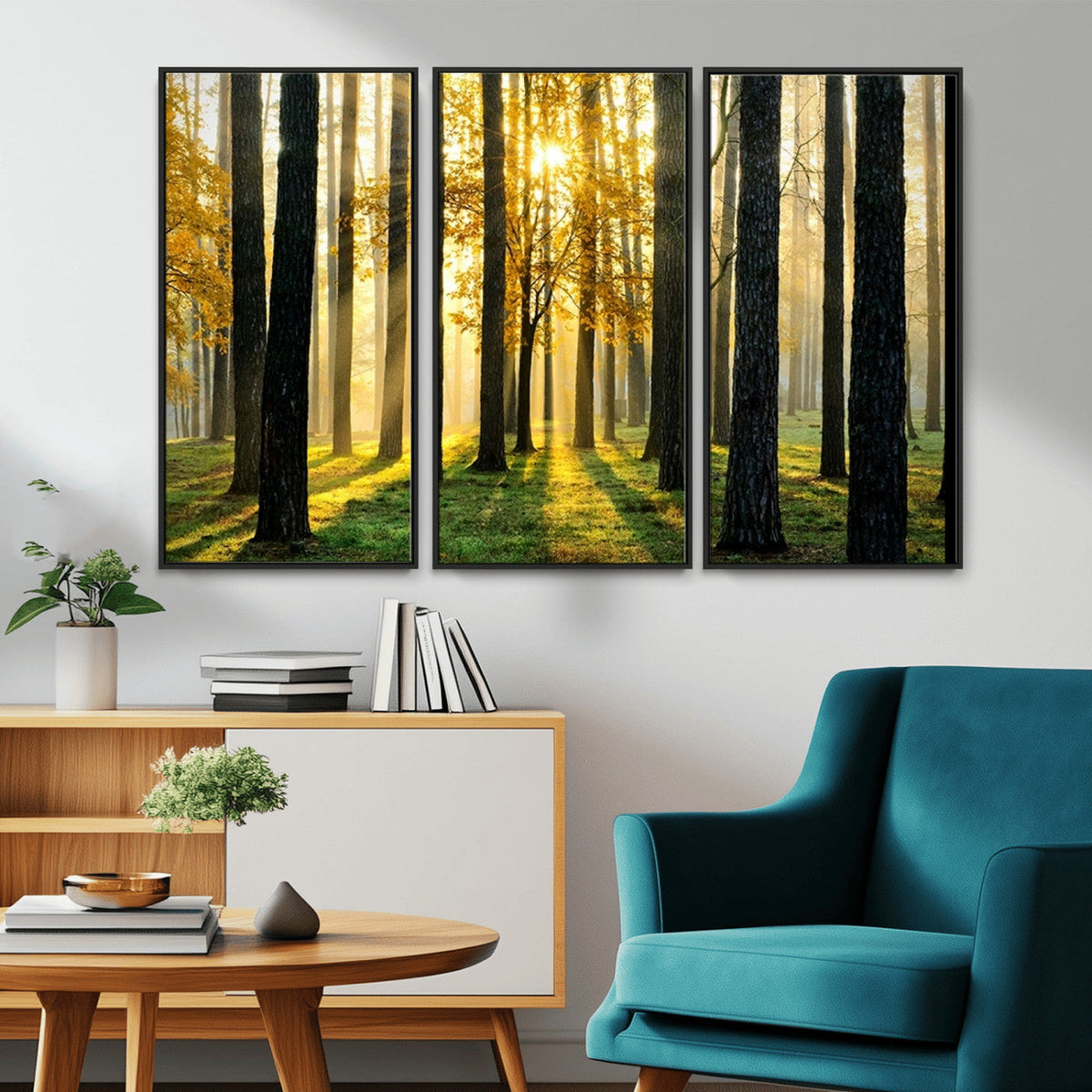 Sunlit Forest Wall Art Canvas Print – Large Framed Woodland