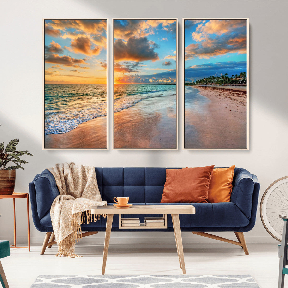 Sunset Ocean Waves on Tropical Beach, 3-Panel Giclee Canvas