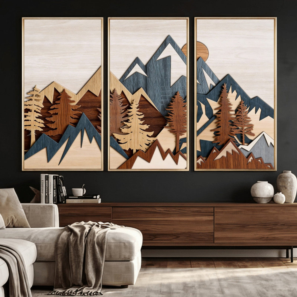 Woodland Mountain Landscape Triptych, Giclee Canvas Art for