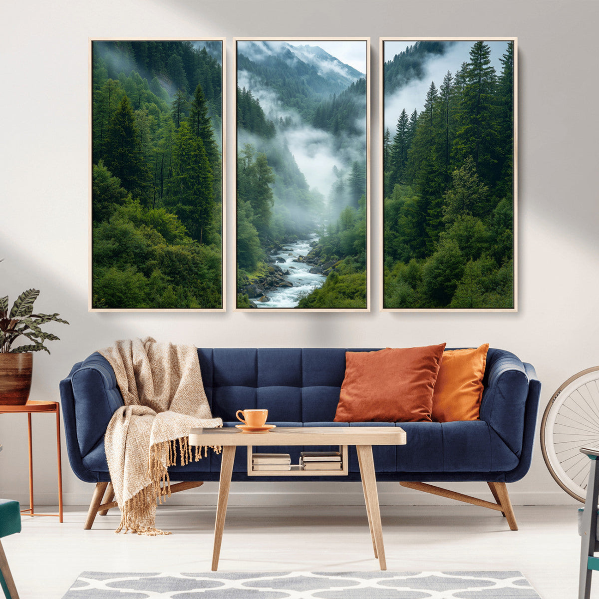Mountain Forest River Canvas Wall Art Print - Serene Nature