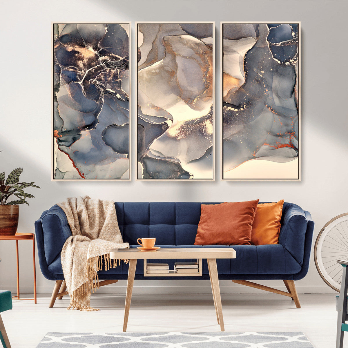 Abstract Blue and Gold Wall Art - Fluid Ink Artwork - Modern
