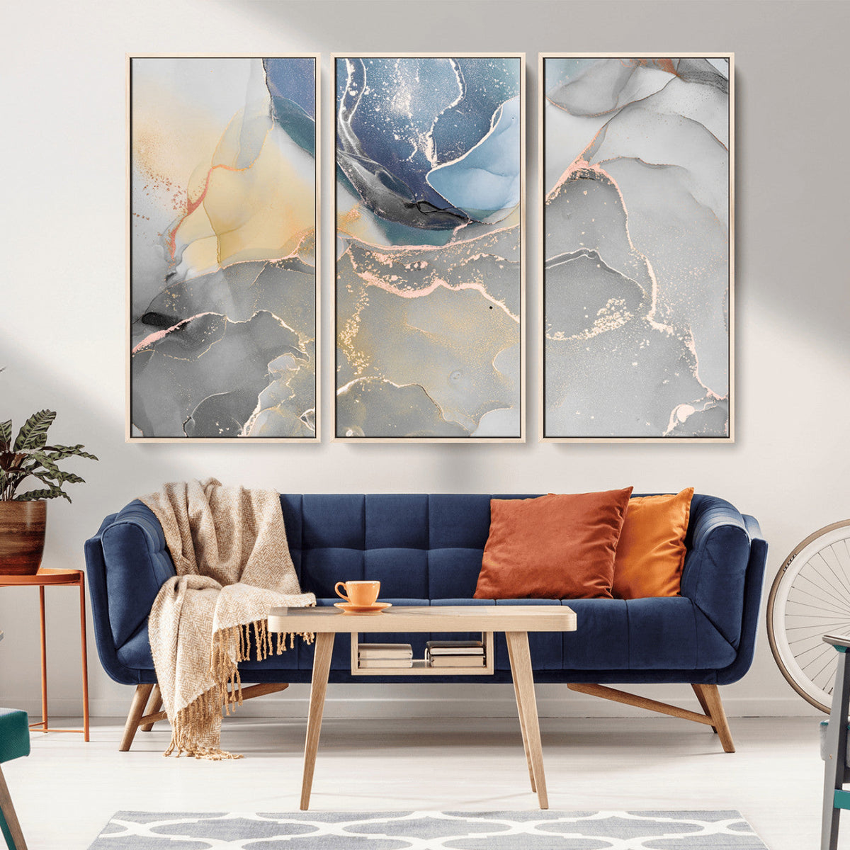 Large Abstract Blue and Gold Canvas Wall Art | Fluid Ink