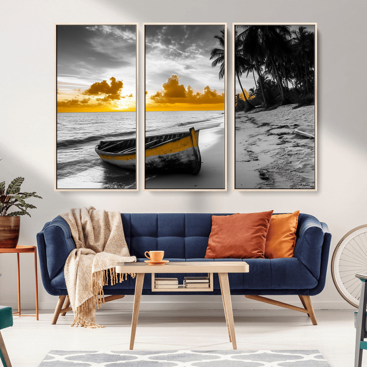 Yellow Rowboat Wall Art – Framed Tropical Shoreline Canvas