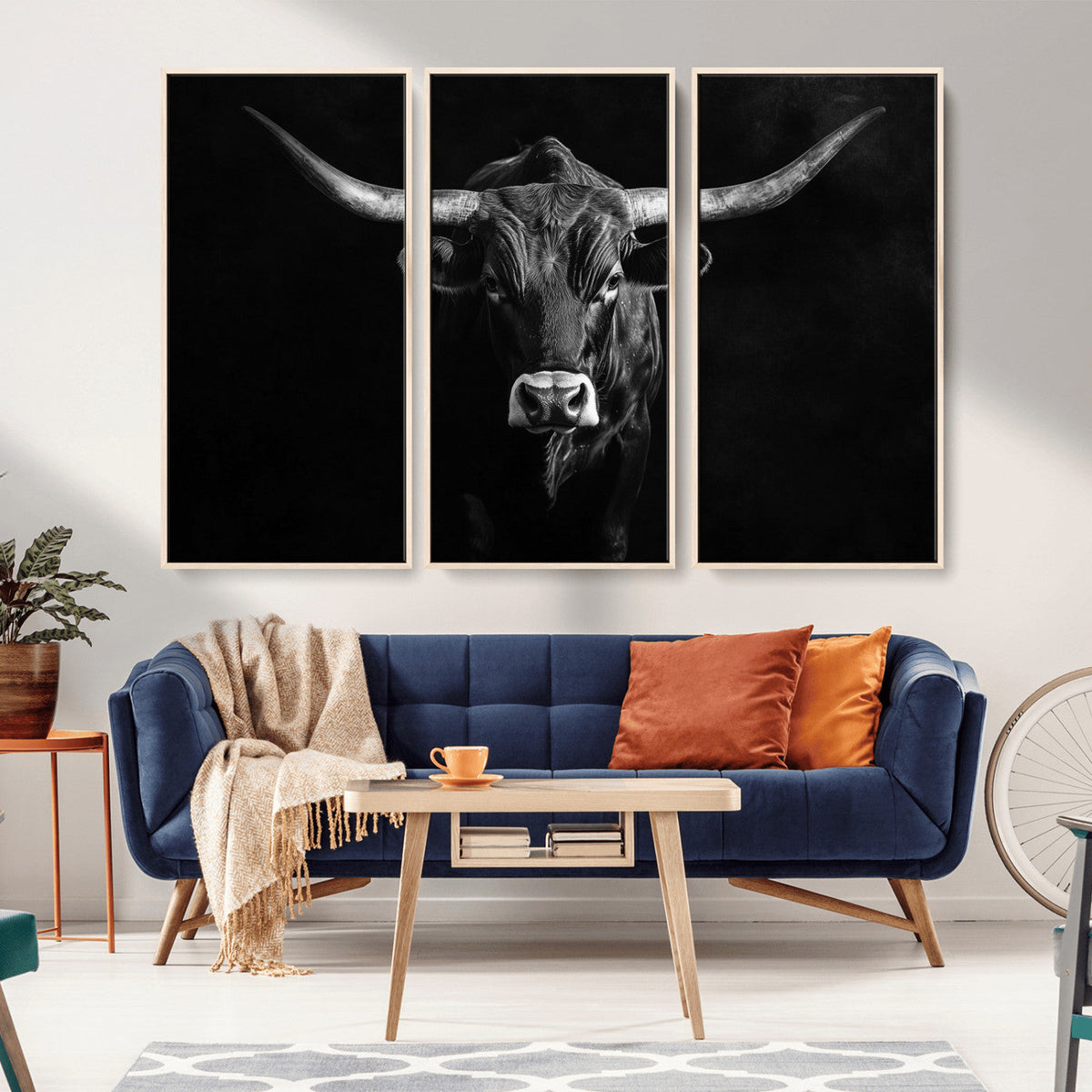 Texas Longhorn Wall Art Canvas Print – Framed Monochrome