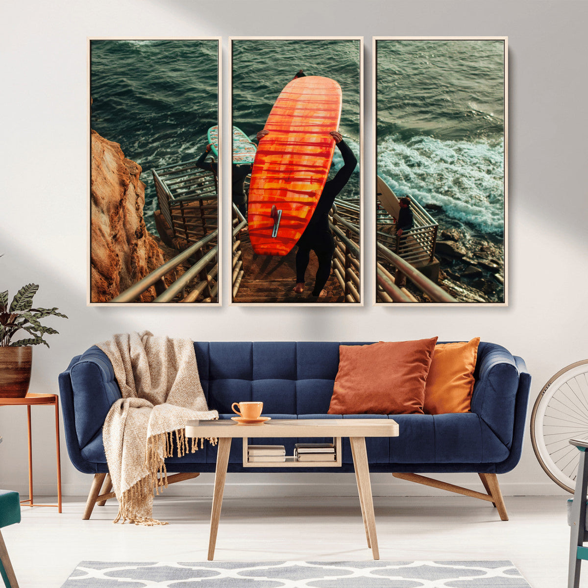 Surfer Stairway Wall Art – Framed Ocean Surf Canvas Artwork,