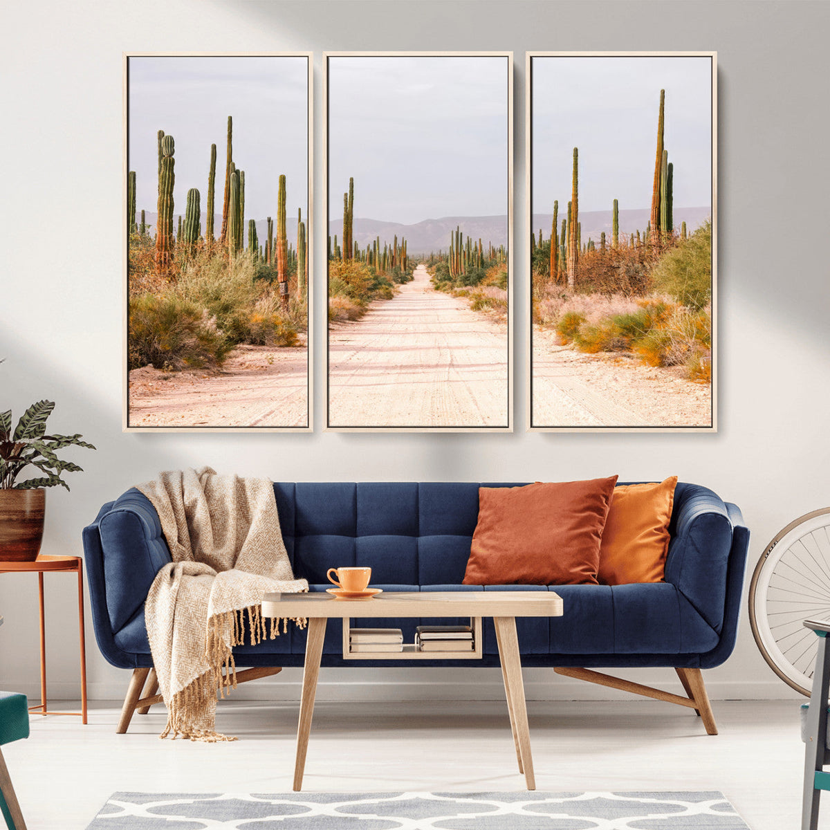 Desert Cactus Lined Road Wall Art Canvas Print – Framed