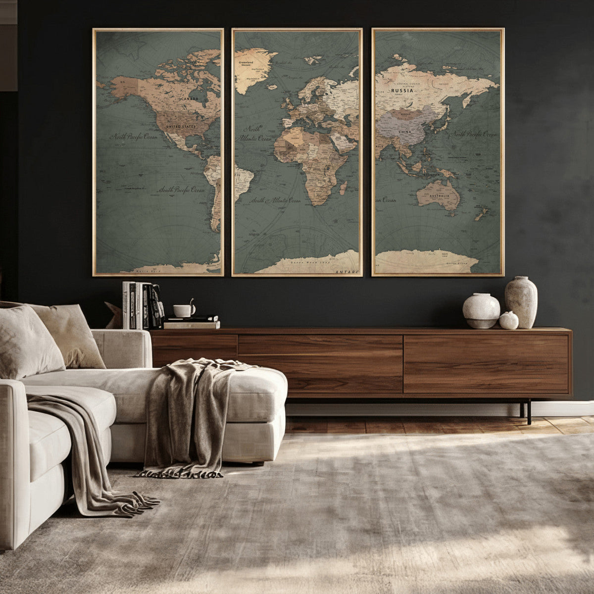 Rustic Black and Wood World Map Canvas Wall Art – Framed
