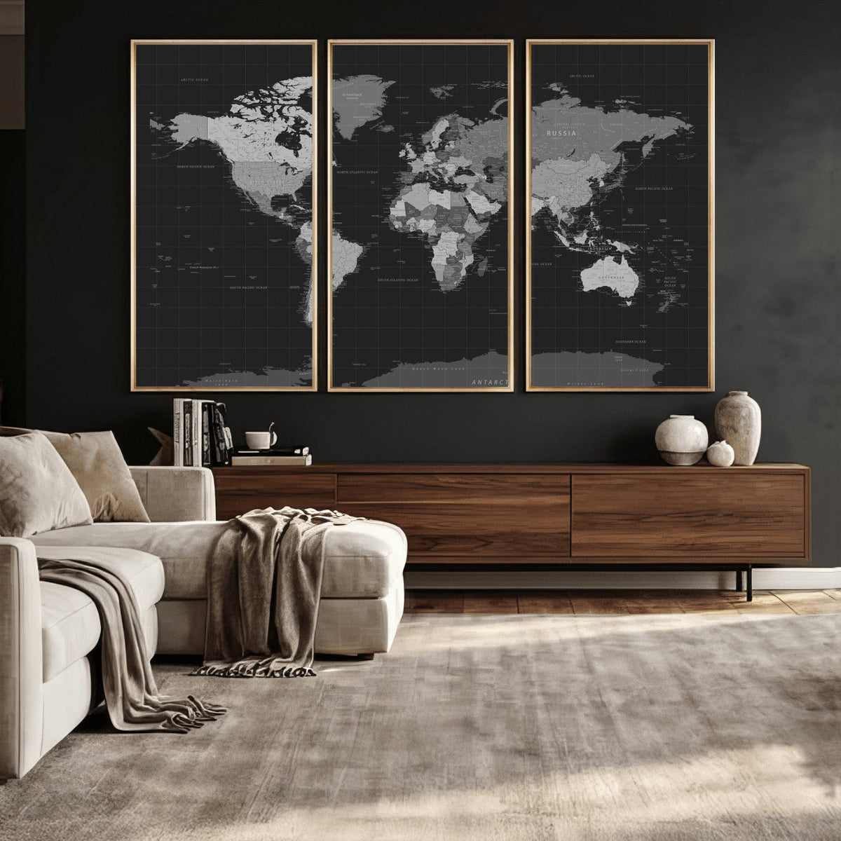 Black World Map Wall Art Canvas Print – Detailed Map of the