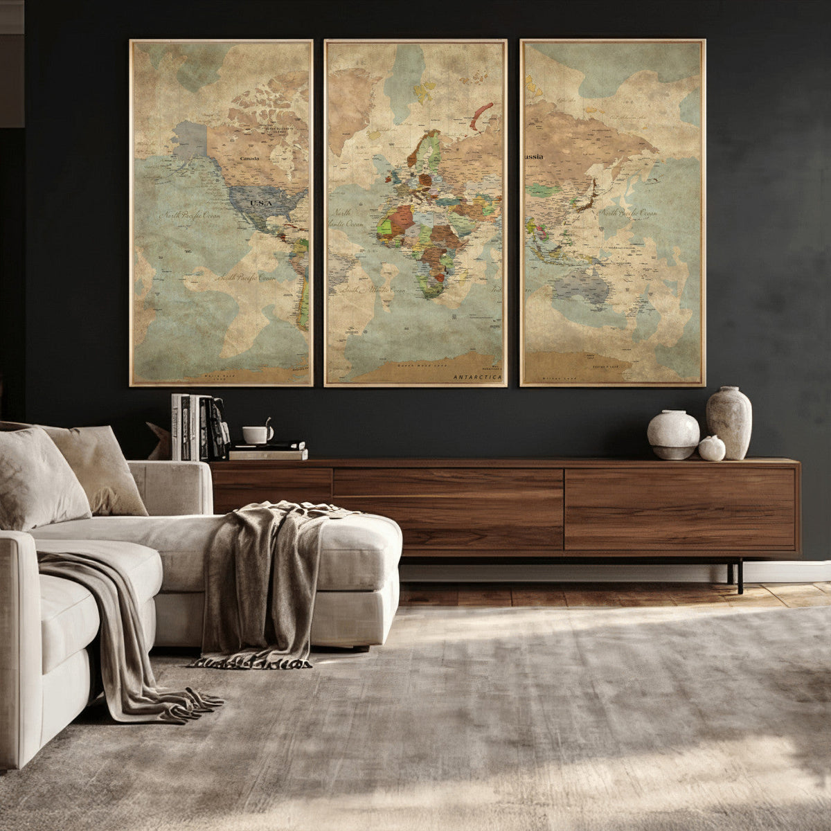 World Map Wall Art Canvas Print, Rustic Map Print, Framed