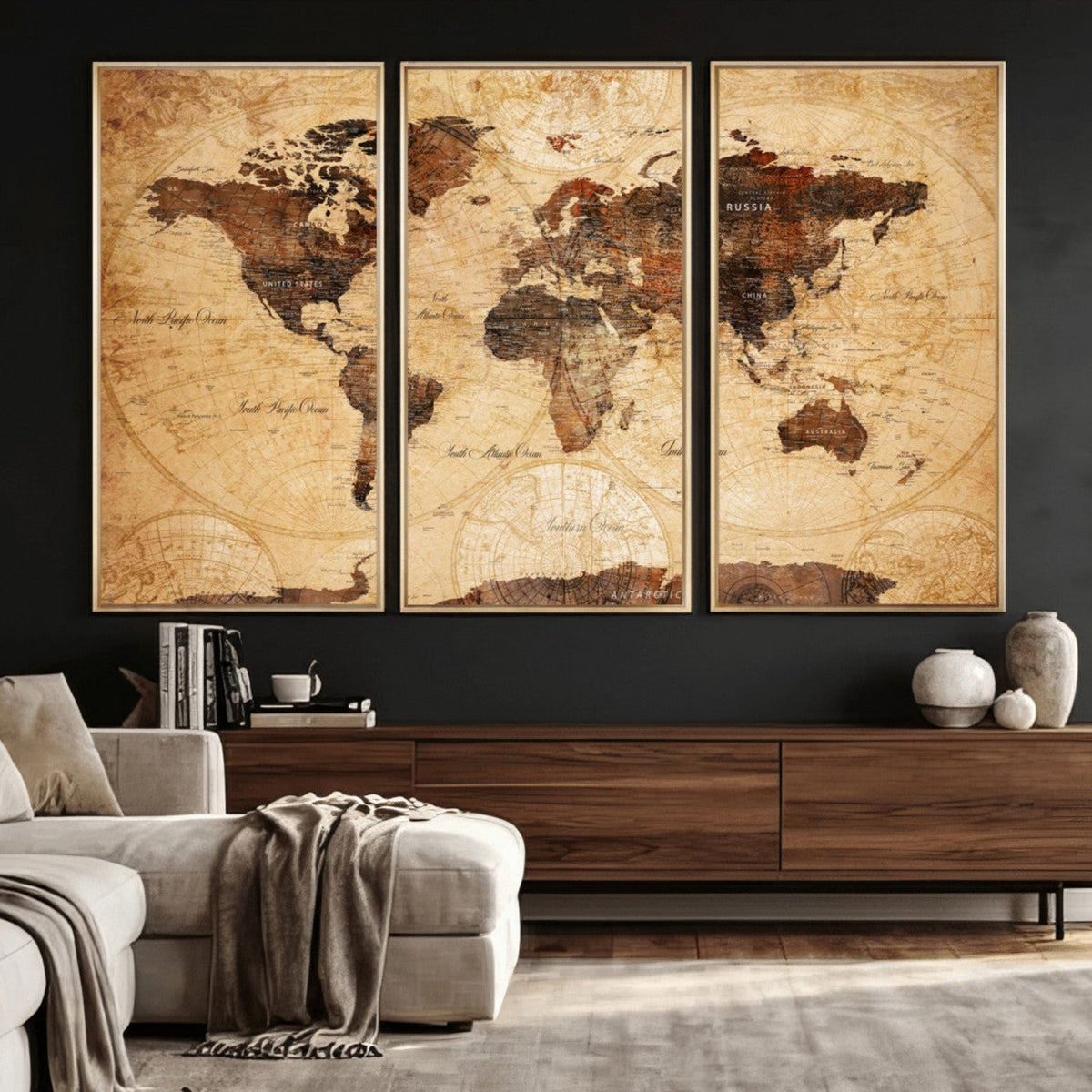 Modern Red and Gray World Map Canvas Print – Framed Wall Art