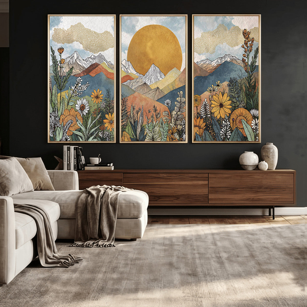 Boho Mountain Landscape Large Wall Art, Horizontal Gold