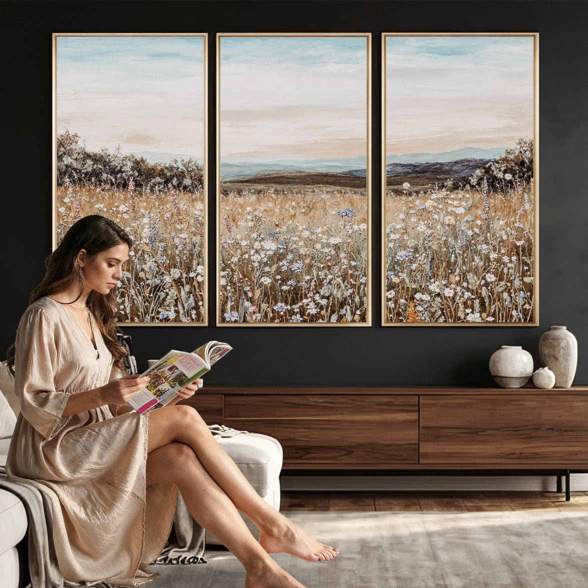 Neutral Wildflower Field Canvas Wall Art — Beige Earth Tone