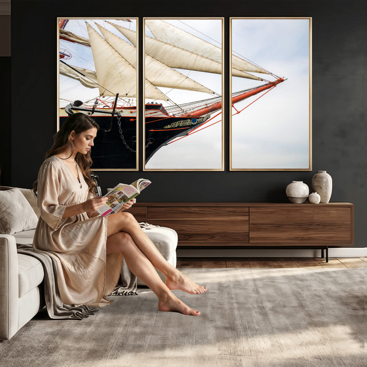 Sailboat Wall Art Canvas Print, Vintage Ship Bow Framed