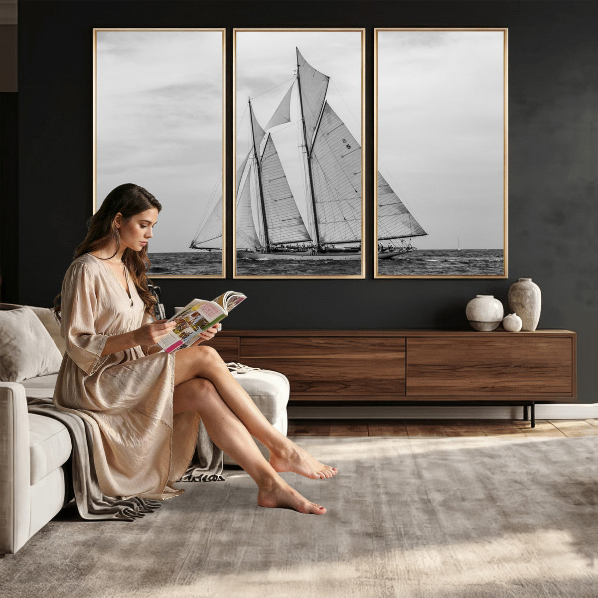 Vintage Sailboat Wall Art Canvas Print, Black and White