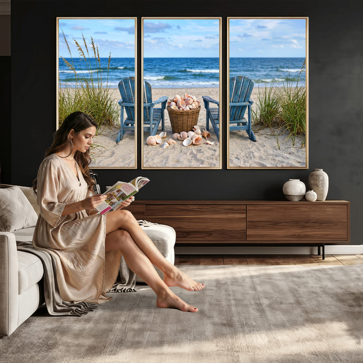 Large Beach Canvas Wall Art Coastal Adirondack Chairs Ocean