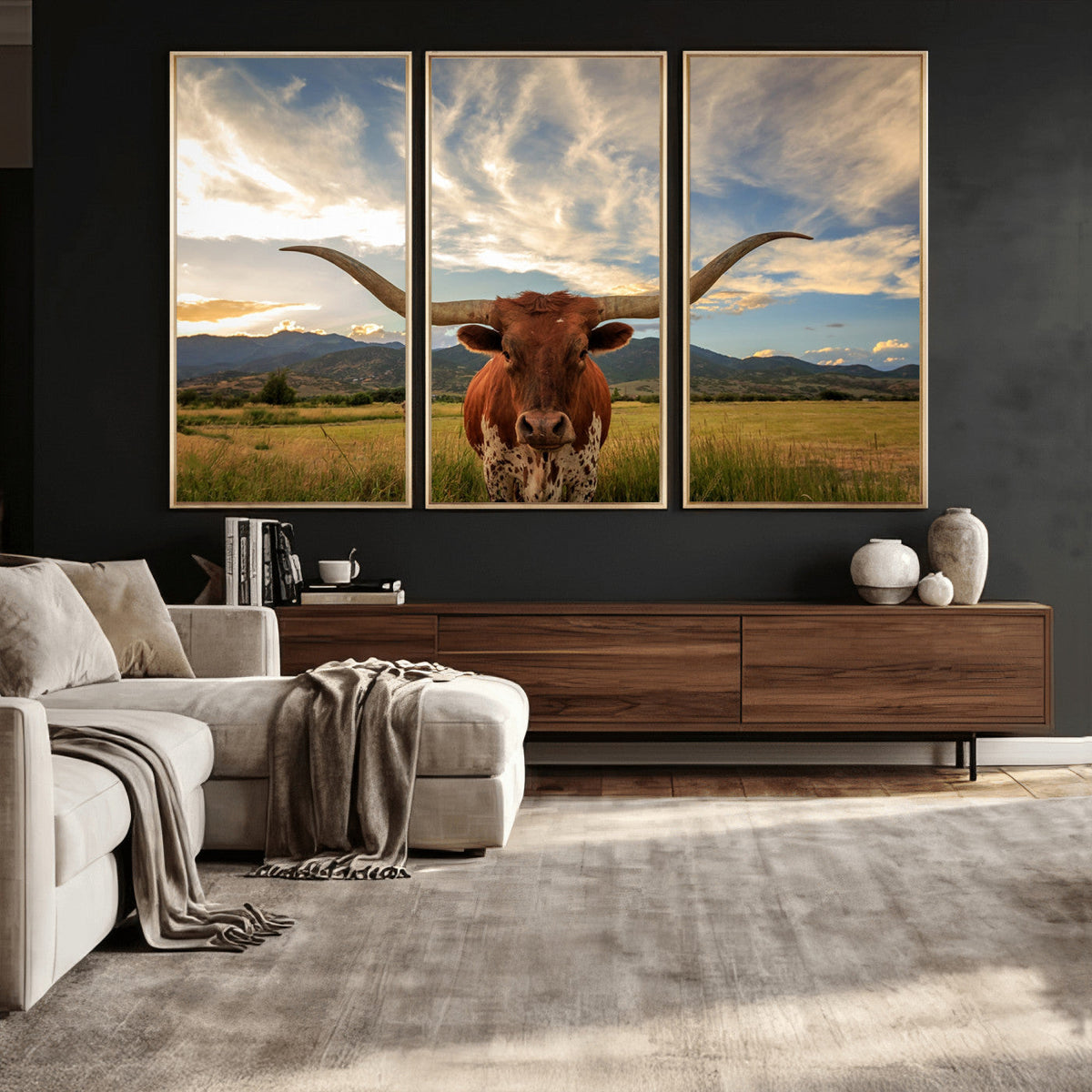 Texas Longhorn Canvas Wall Art – Majestic Triptych Animal