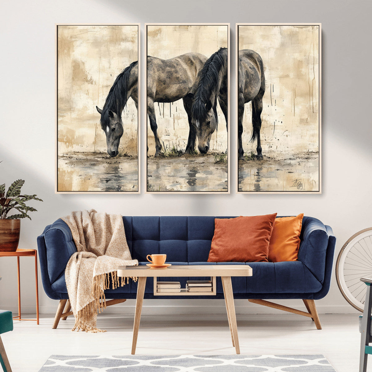 Chinese Style Abstract Black Horses Wall Art Canvas Print -