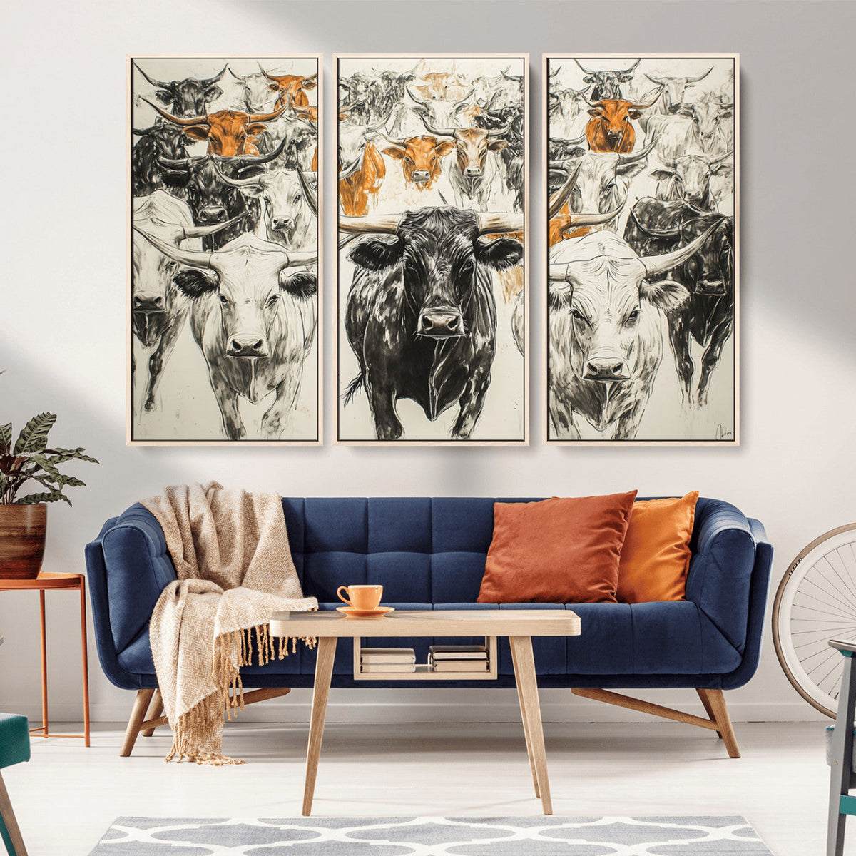 Farmhouse Wall Art | Western Longhorn Cattle Canvas Print |