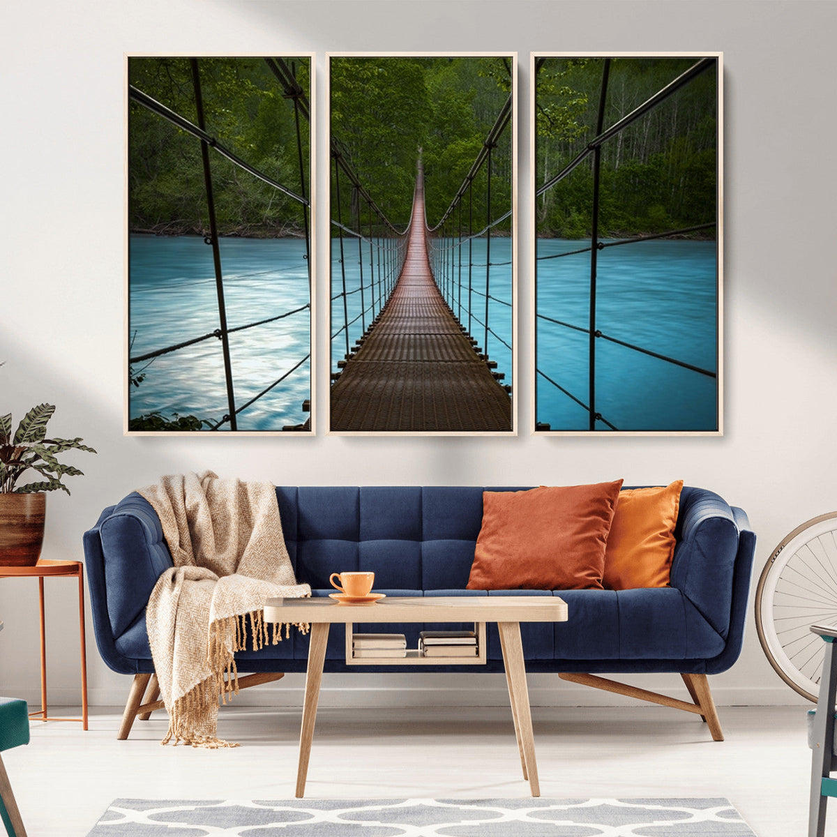 Suspension Bridge Over River Canvas Art | 3-Panel Nature