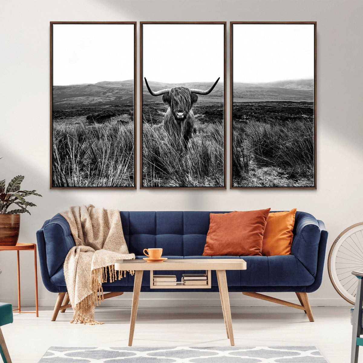 Black and White Highland Cow Canvas Wall Art, Longhorn