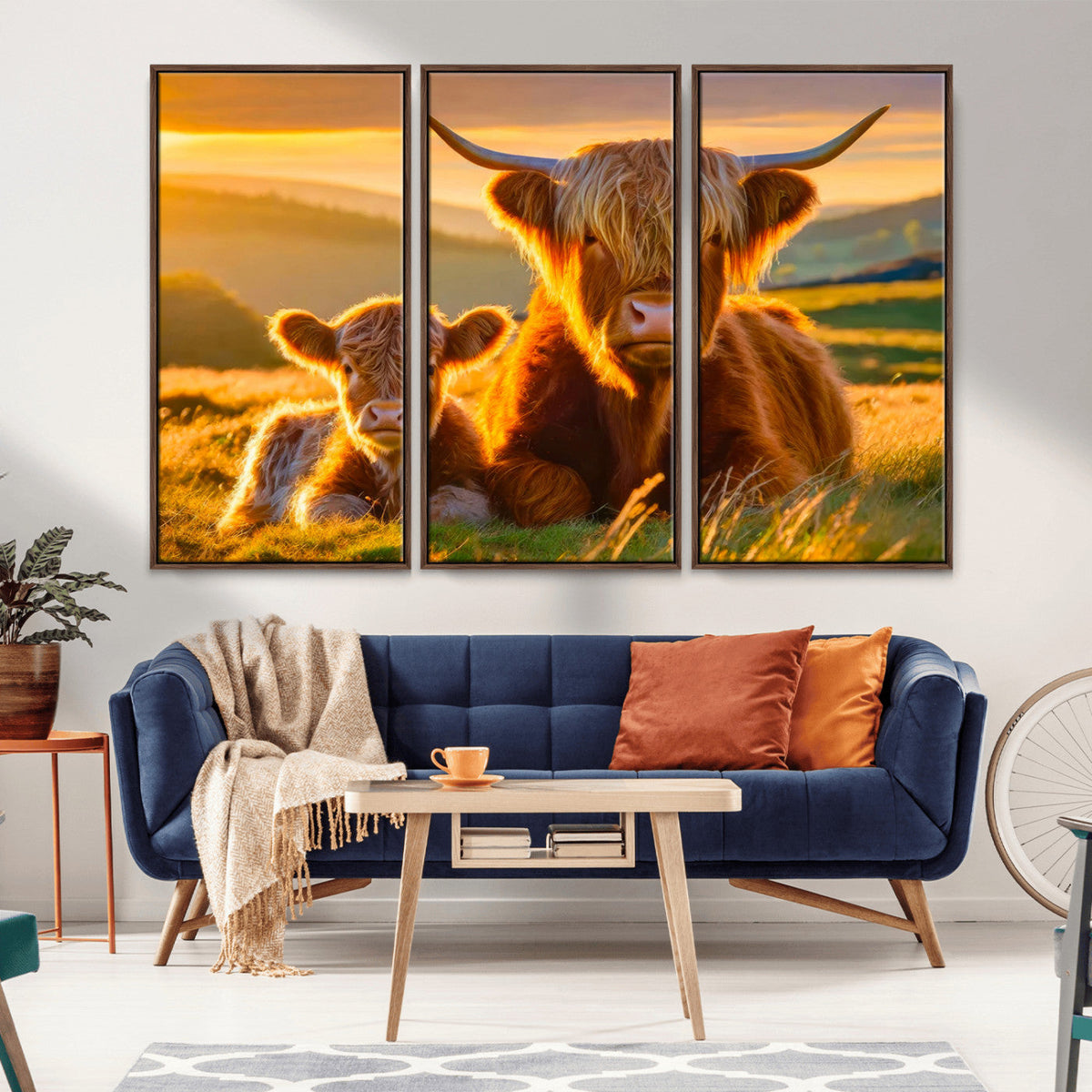 Scottish Cow and Baby Cow Canvas Wall Art Animal Print