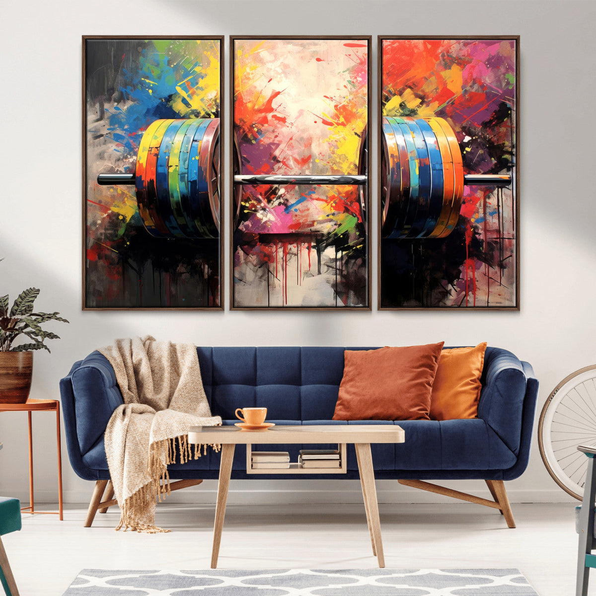 Weightlifting Barbell Art Triptych, Bold Abstract Fitness