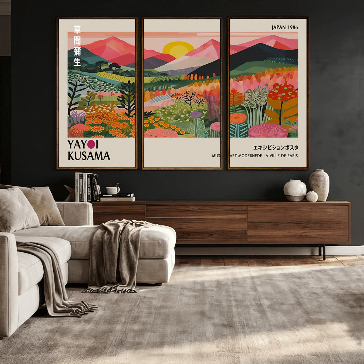 Yayoi Kusama Landscape Canvas Print, Vibrant Floral Mountain Art Print, Framed Botanical Wall Art -