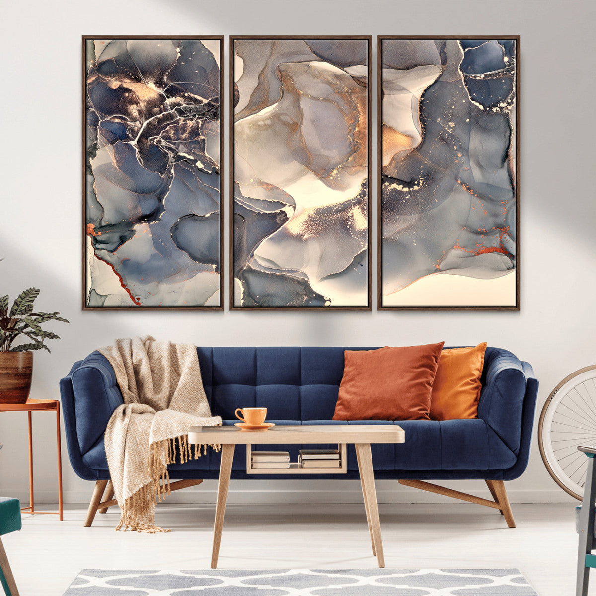 Abstract Blue and Gold Wall Art - Fluid Ink Artwork - Modern