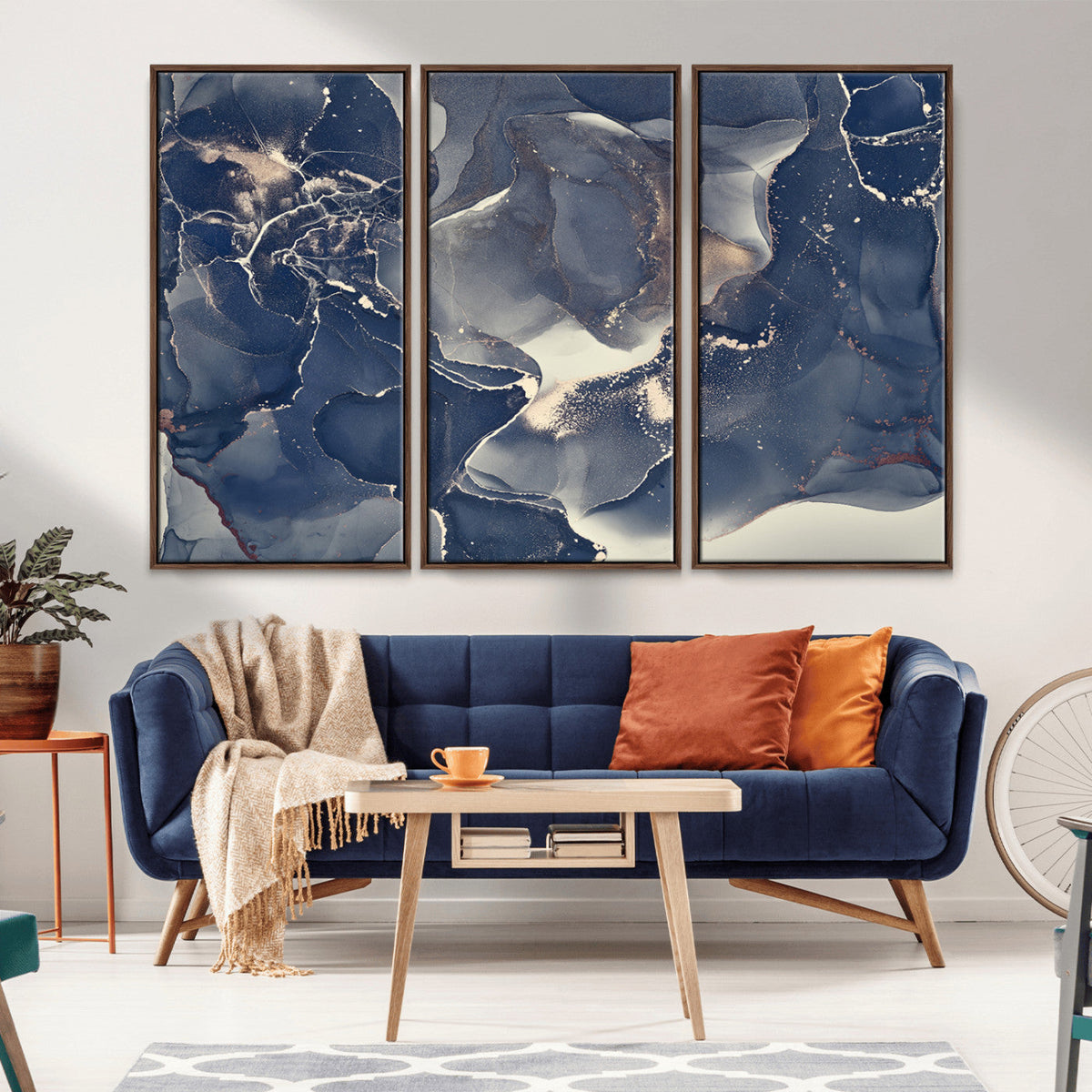 Large Abstract Blue and Gold Canvas Wall Art Fluid Ink