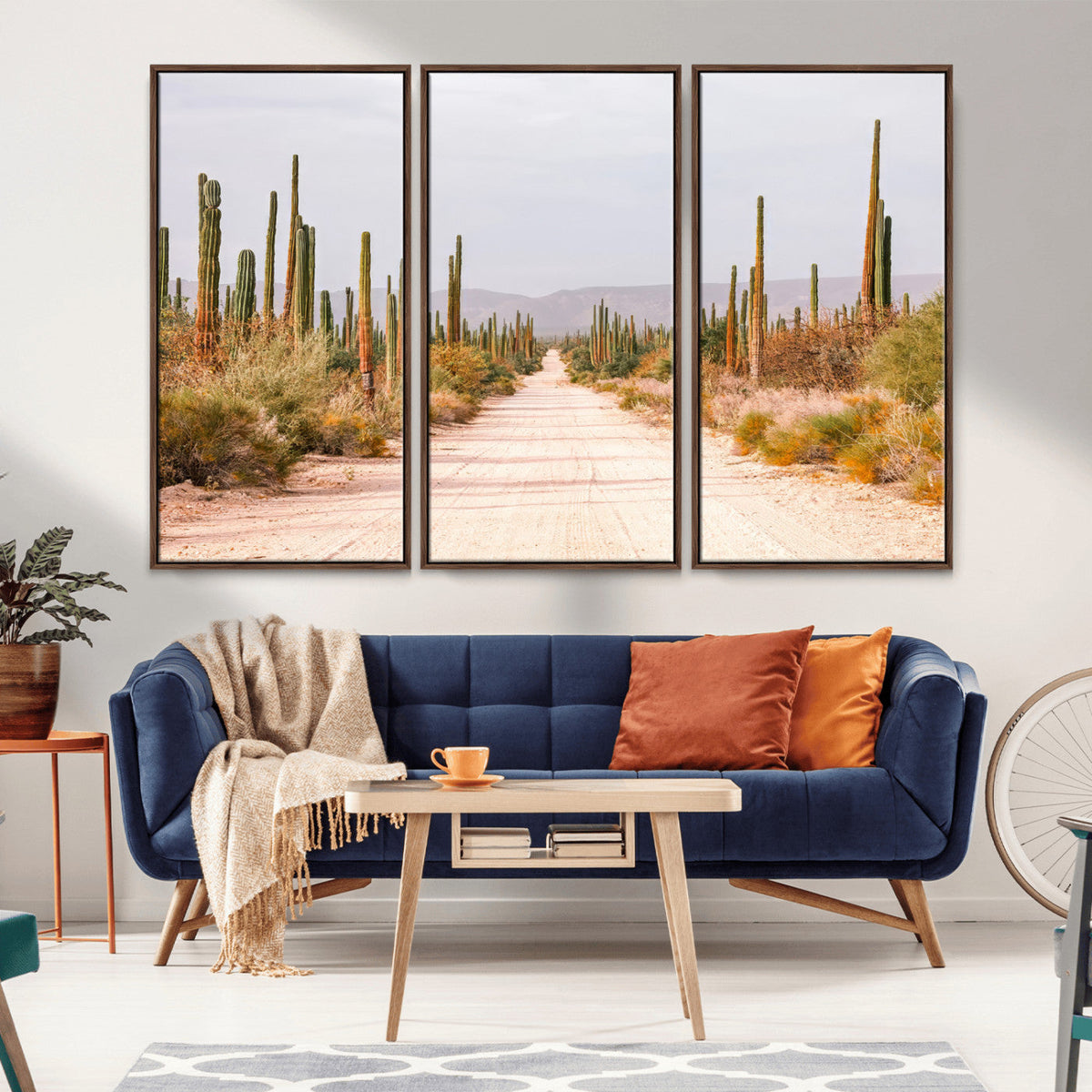Desert Cactus Lined Road Wall Art Canvas Print – Framed