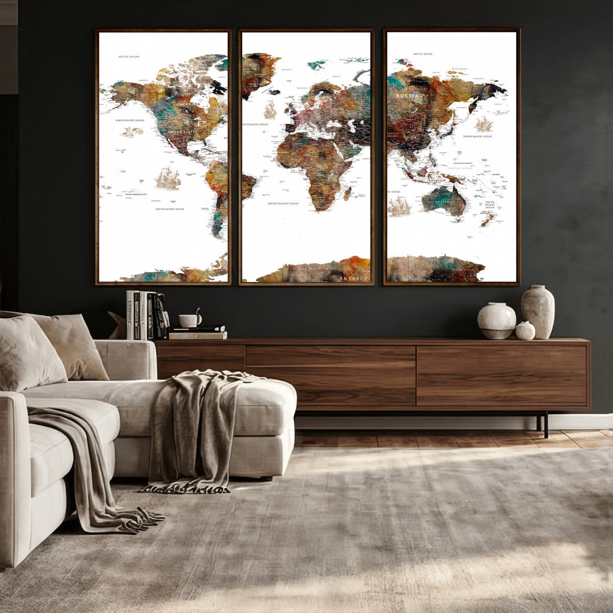 Watercolor World Map Canvas Print – Detailed Map of the