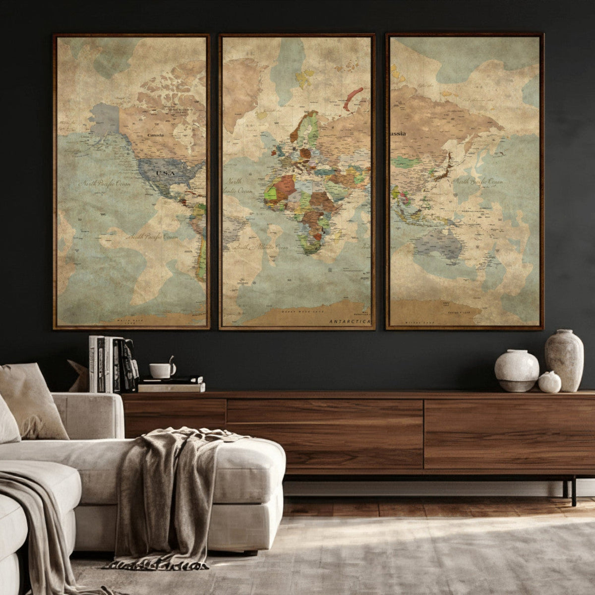 World Map Wall Art Canvas Print, Rustic Map Print, Framed