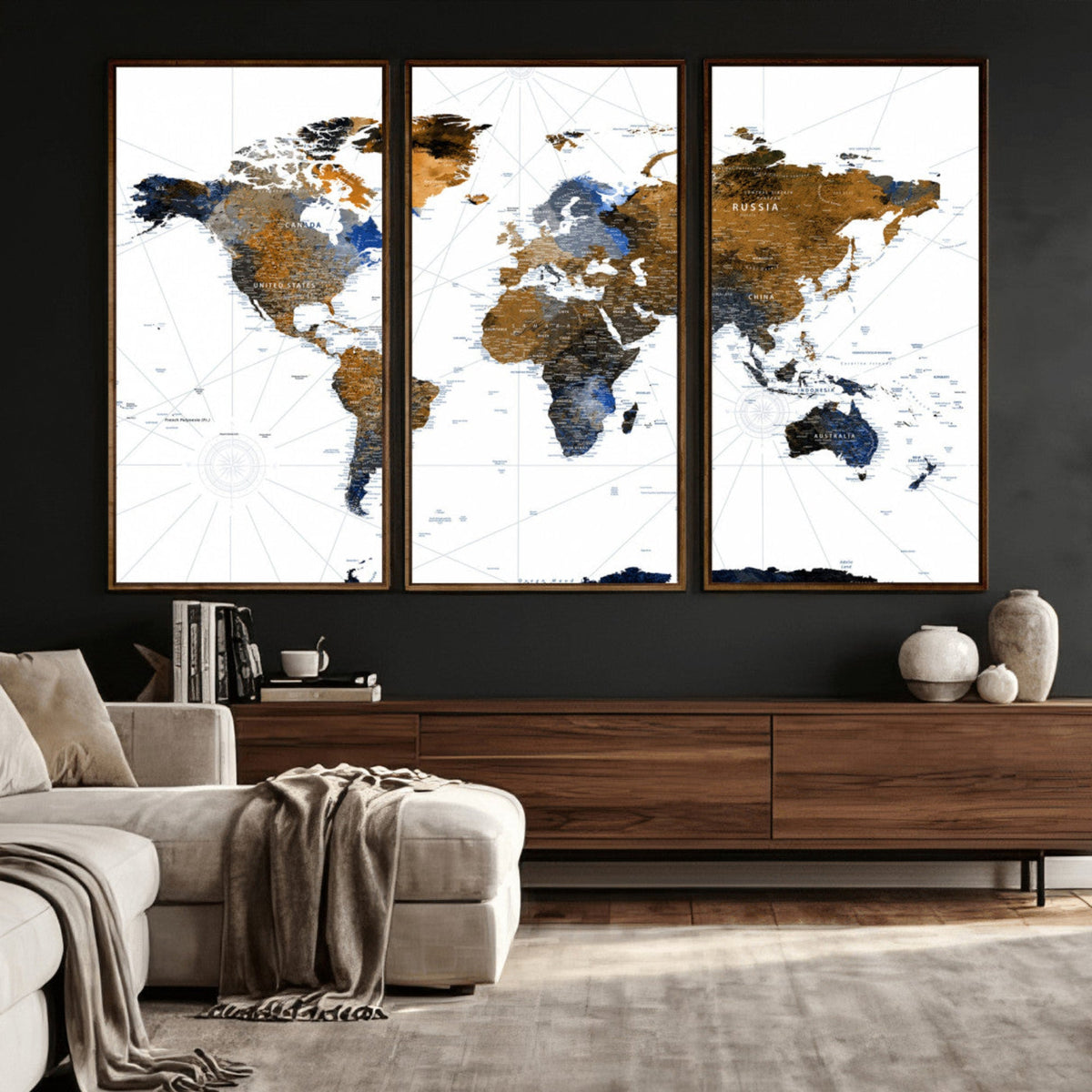 World Map Wall Art Canvas Print, Modern Decorative Framed