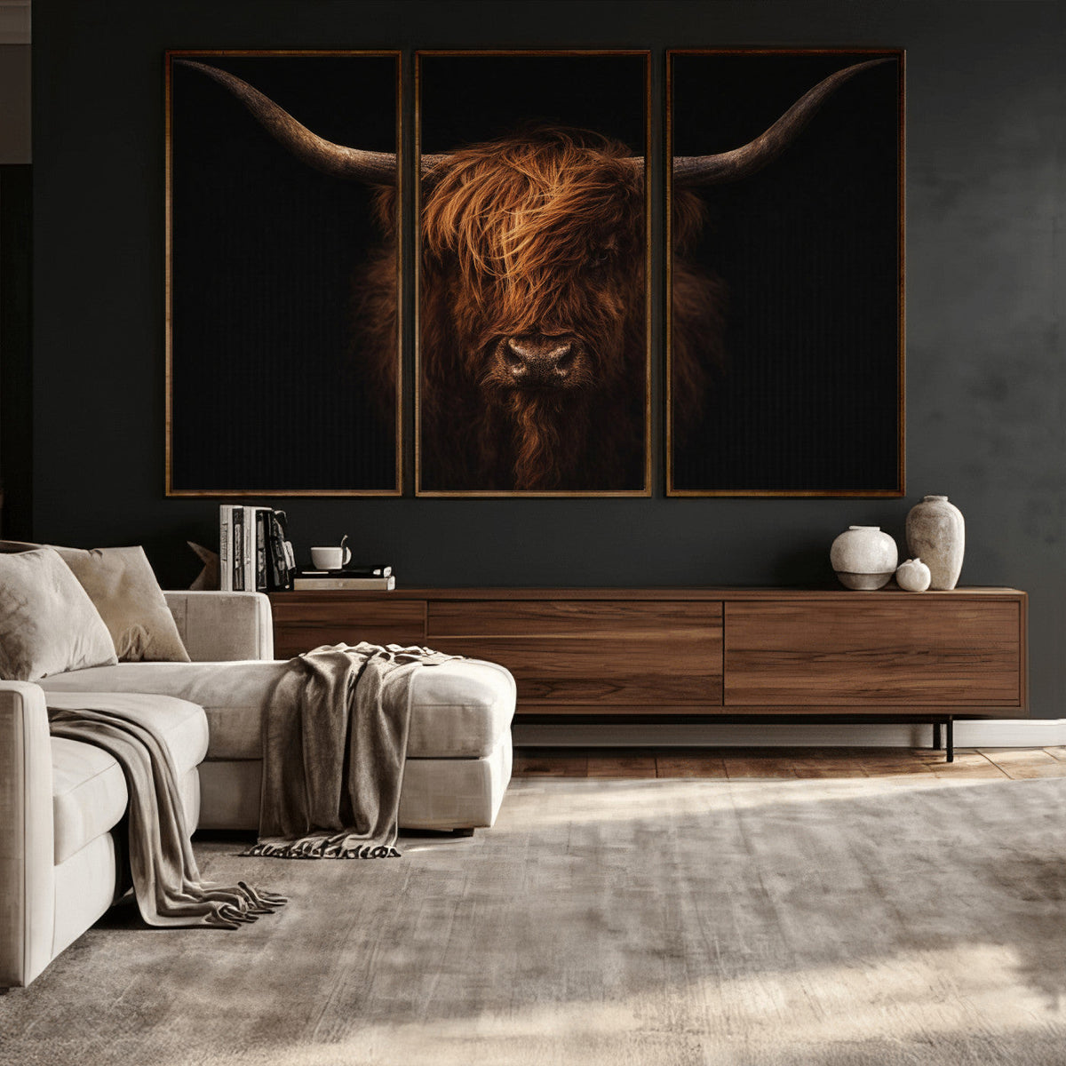 Highland Cow Wall Art Canvas Print – Moody Dark Rustic