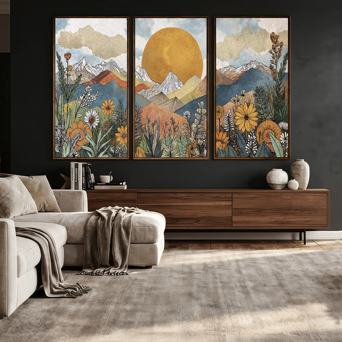 Boho Mountain Landscape Large Wall Art, Horizontal Gold