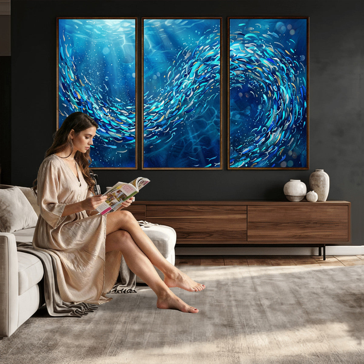 School of Fish Canvas Print | Blue Ocean Underwater Wall Art