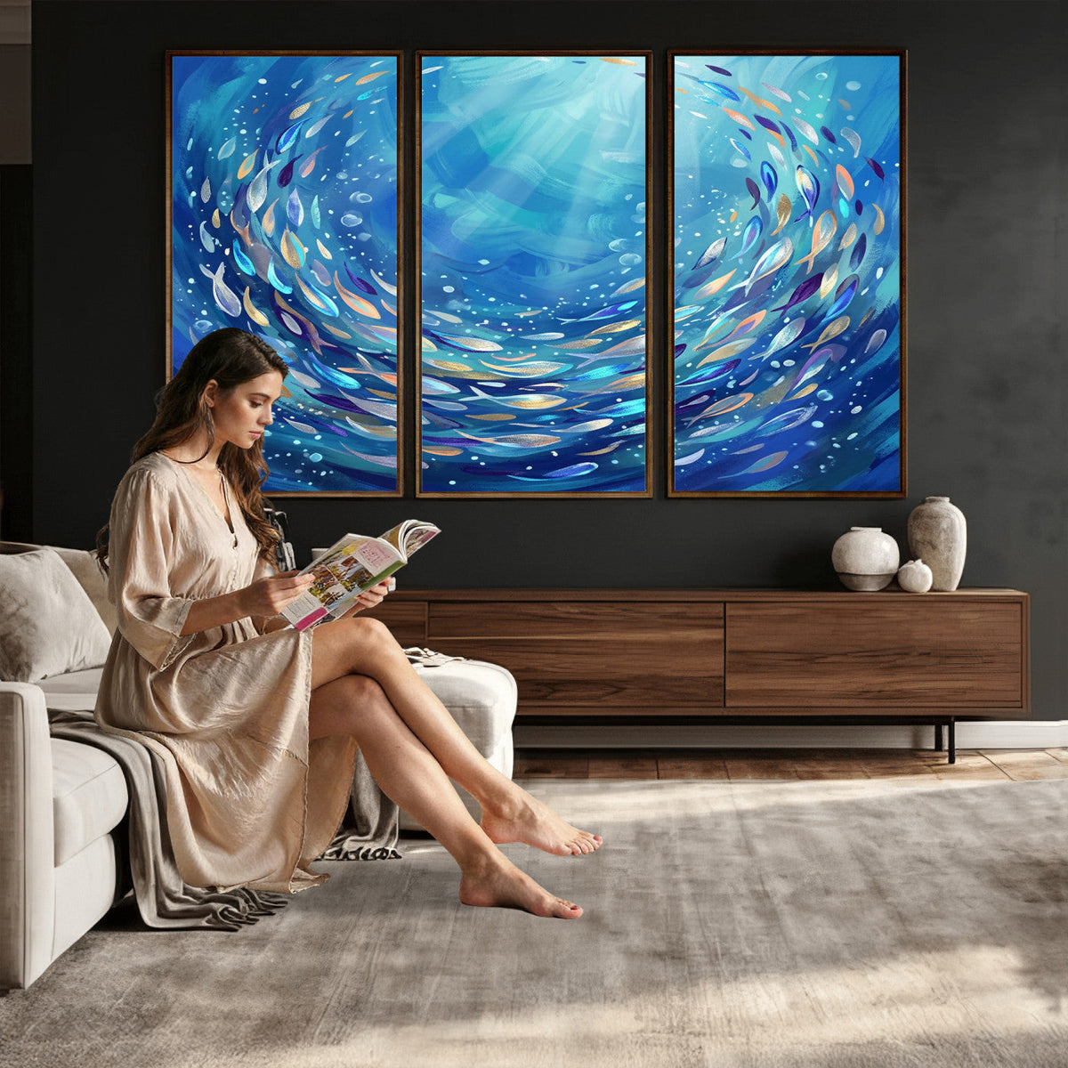 School of Fish Canvas Print | Blue Ocean Underwater Wall Art