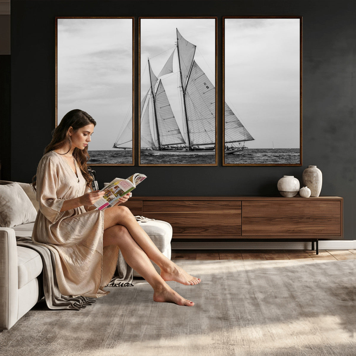 Vintage Sailboat Wall Art Canvas Print, Black and White