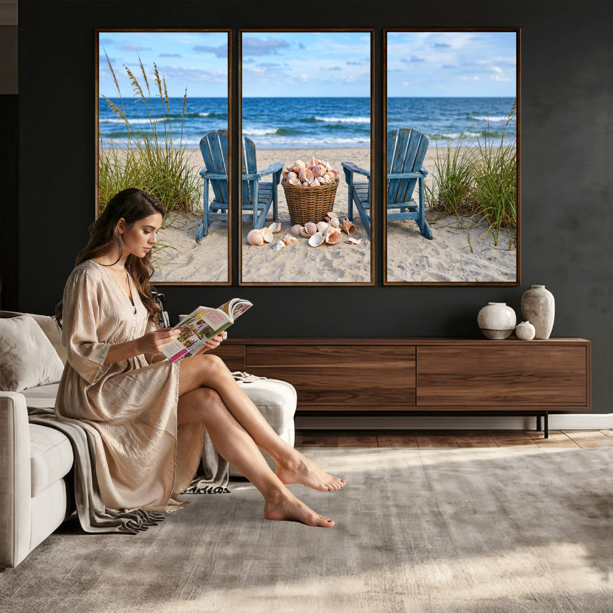 Large Beach Canvas Wall Art Coastal Adirondack Chairs Ocean