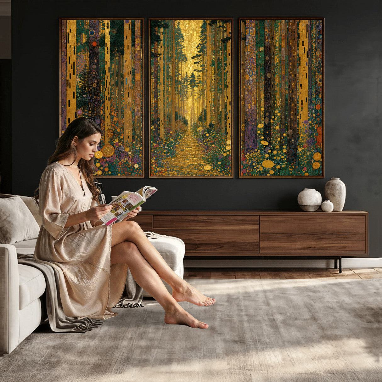 Gustav Klimt Style Forest Canvas Wall Art, Golden Forest Path Floral Art Nouveau Print, Enchanted Woodland Decor