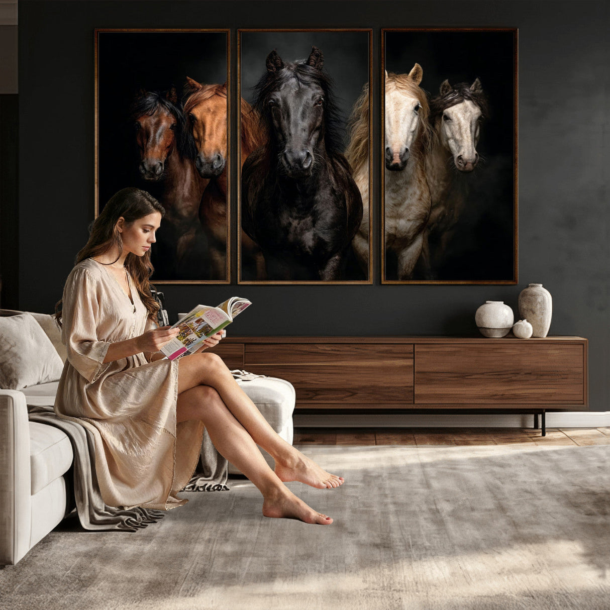 Horse Wall Art Canvas Print, Wild Horses Portrait Photography, Dramatic Equestrian Decor, Black Brown White Horse Herd, Rustic Ranch Art