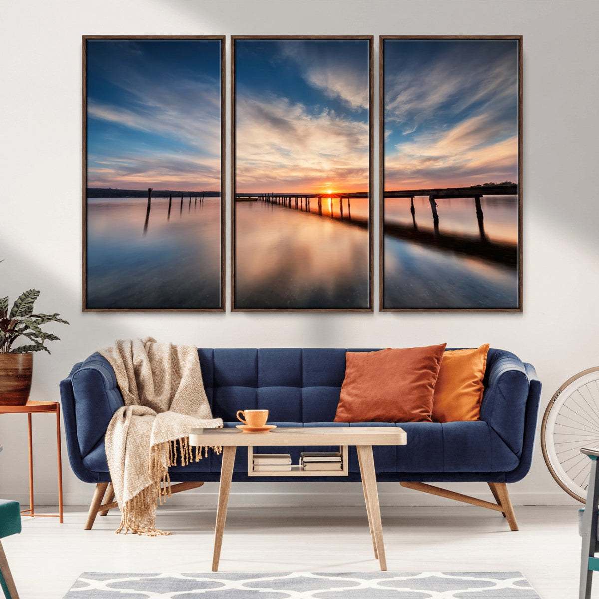 Wooden Pier on Seascape and Sunset Wall Art Canvas Print