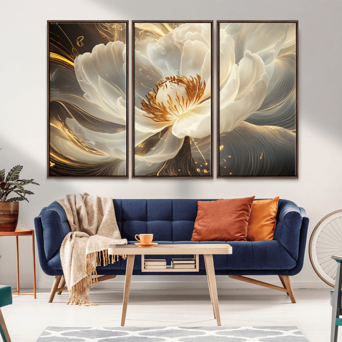 Gold Floral Wall Art Canvas Print, Framed Modern Flower Art